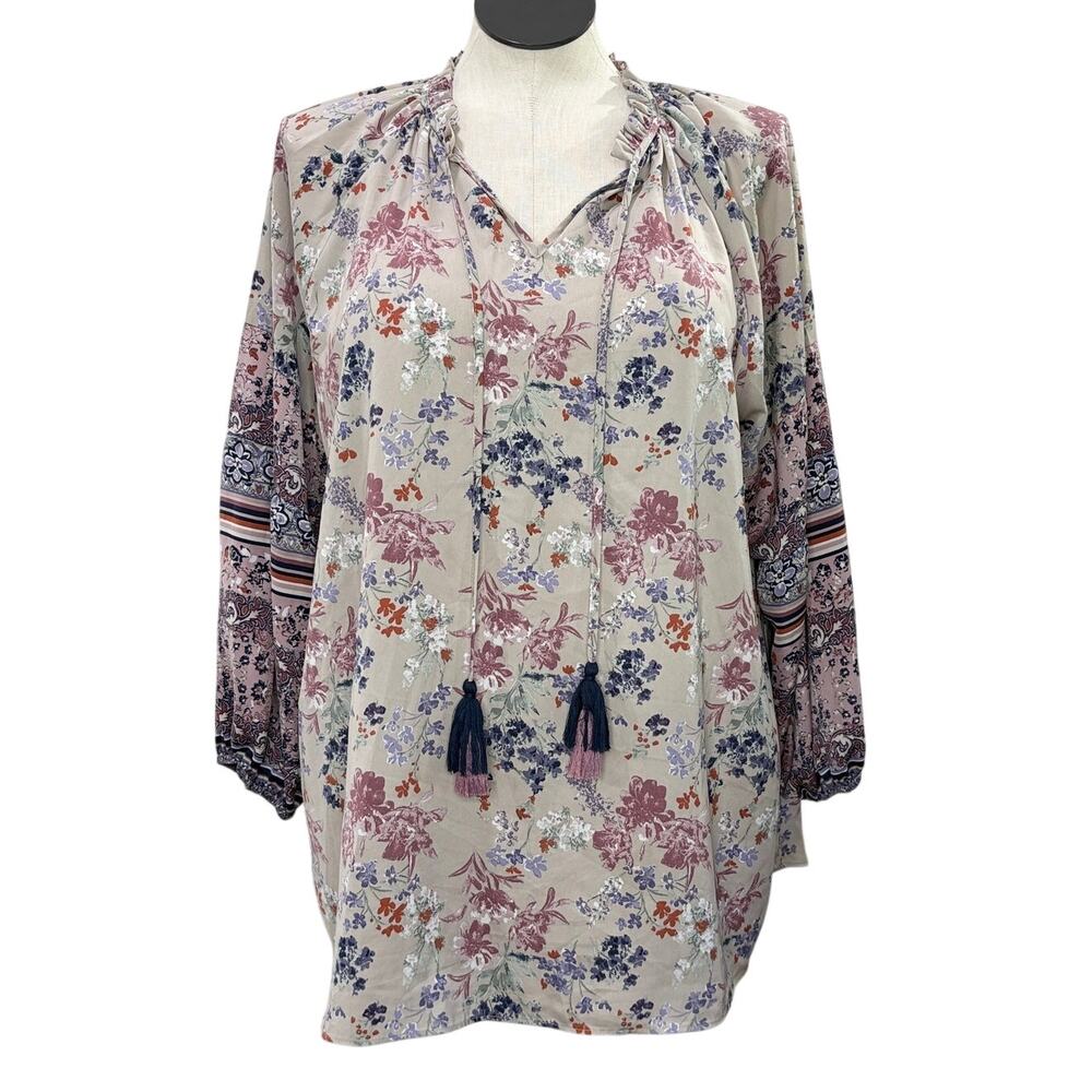 Cato Peasant Sleeve Tunic Top Tassel Patchwork Floral Ruffle Neck Boho Cottage